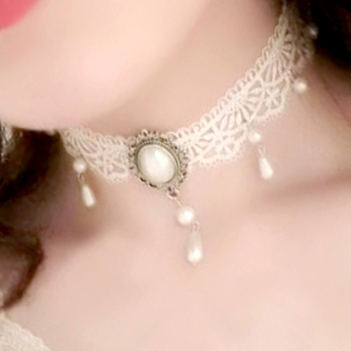 Choker Gargantilha Colar Renda Gota Pérolas Branco