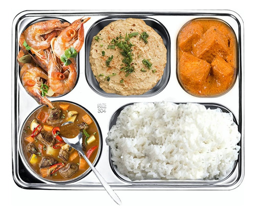 Acero Inoxidable Rectángulo 5 Compartimentos Lunch Plato 2pz