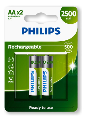 02 Pilhas Bateria AA Philips Recarregável 2500mah 2A Pequena 1 Cartela