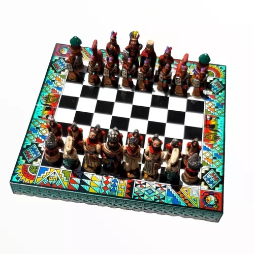 Tabuleiro jogo xadrez madeira peruano incas espanhois 26x26