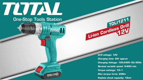Taladro Atornillador Inalámbrico 12v Total 600 Rpm + Bateri Color Turquesa Frecuencia 50 Hz/60 Hz