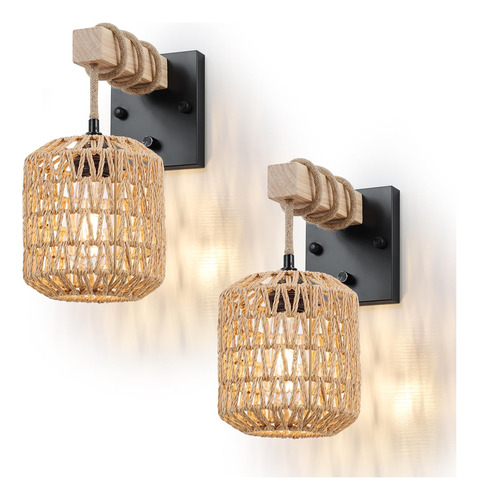 Rattan Boho Wall Sconces Set De Dos, Lámpa B0c5jm6m4x_140324