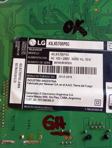 Placa Main Eax67848002 / Tv Lg 43lk5700psc (Usado)