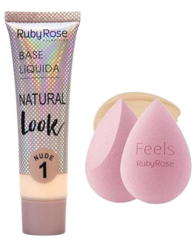 Kit Base Líquida Natural Look Ruby Rose Mas Esponja Alta