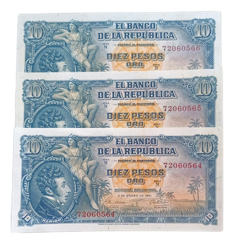 Colombia Trio Consecutivos 10 Pesos Oro 1961 Sin Circular 