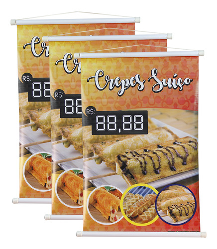 Kit 3 Banners Crepes Suíço - Preço Editável