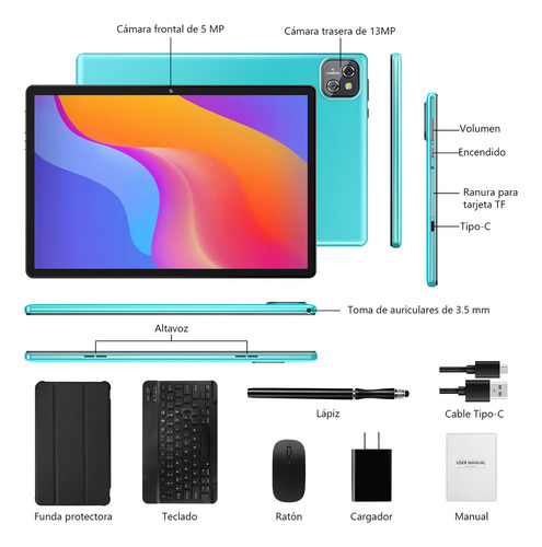 Tablet Pad Aorzoo Android 14 Tablet 10.1'' 128 ROM 12GB RAM Gris y Azul Wifi 5G HD Ips 6000mAh Tablet 10.1-inch 12GB+128GB ROM/1TB TF Android 14 Teclado y Mous Con Funda Protectora Para Tableta