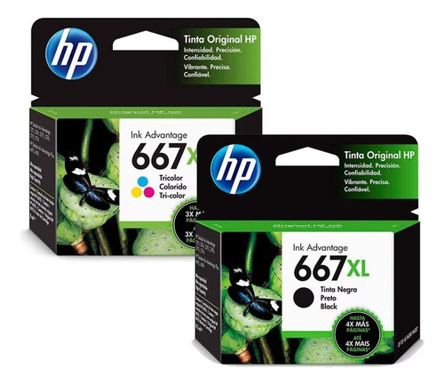 Kit Com 2 Cartucho Original Hp 667xl Black 8,5ml + Color 8ml