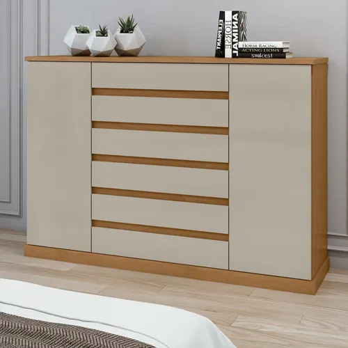 Cômoda Vedra 7 Gavetas 2 Portas Amêndoa Clean /Off White