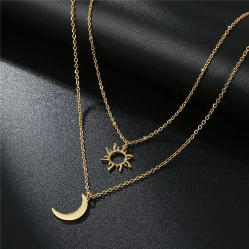 Imagen 5 de 9 de Collar Multicapa Doble Dije Sol Y Luna Acero Baño De Oro