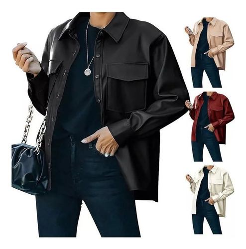 Camisa Casual De Chaqueta De Cuero Para Mujer Con Botones