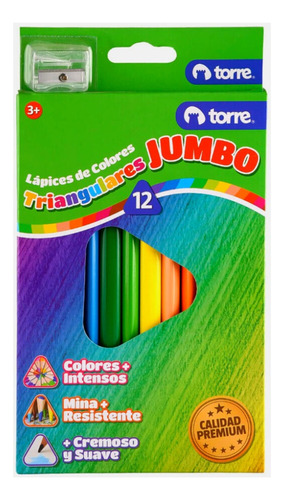 Lápiz De Madera Jumbo Triangular 12 Colores + Sacapuntas Rnv