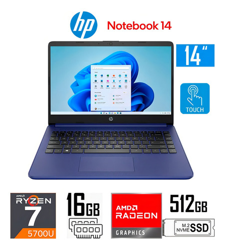 Notebook 14-FQ1025cl 14" táctil azul 512GB SSD - AMD Ryzen 7 - Excelente (Reacondicionado)