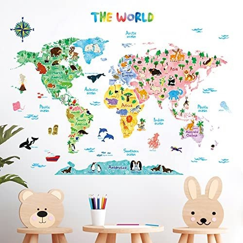 Calcomanías De Pared Mapa Mundial Animales Niños Decoración