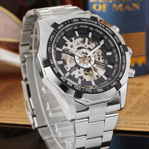 Mens Automatic Mechanical Watch:steel Band Hollow-out Design