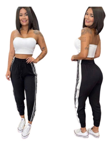 Imagem 4 de 10 de Kit 2 Calça Pantalona Fenda Listra Botões Laterais Flare