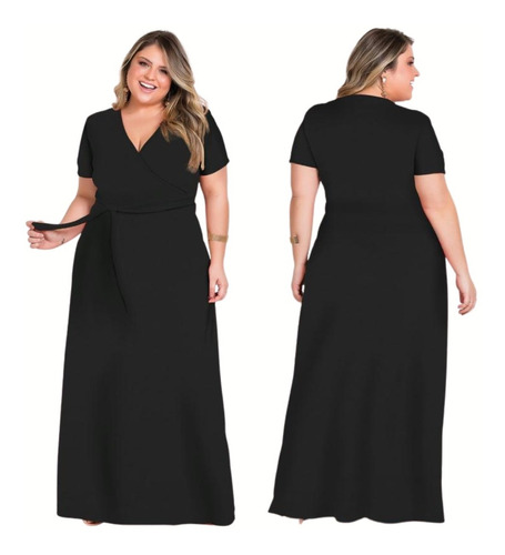 Vestido Longo Transpassado Manga Curta Plus Size 46 A 60