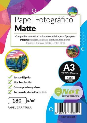 Papel Fotográfico Matte 100 Hojas Tamaño A3  180 Gr