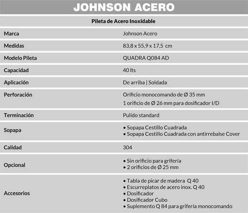Imagen 4 de 5 de Bacha Cocina Doble 1 Agujero Pileta Johnson Quadra Q084ad Agujero Dosificador