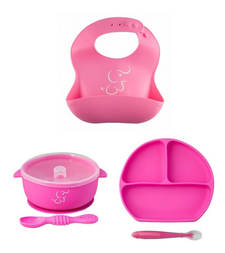 Set Papubaby De 1 Babero, 1 Plato Divisiónes Y 1 Bowl C/tapa Color Rosa mexicano