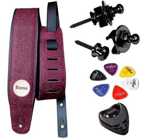 Correia Guitarra Violão Baixo Basso Couro Floral Bordo + Kit