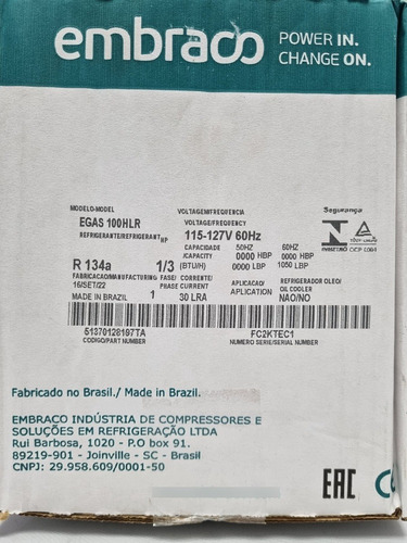 Compresor Embraco 1/3 Egas100hlr 115/60hz Lbp R134a 1.050btu