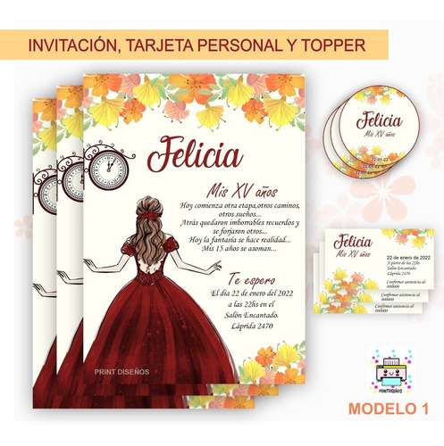 Tarjeta Invitación Cumple De 15 Topper, Personal Imprimir M1