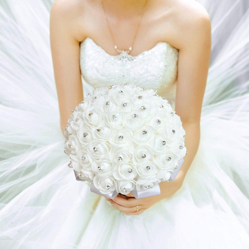 Ramo De Novia Blanco Artificial De Cristal Rosa