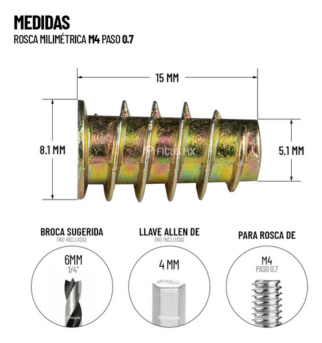 Inserto Tuerca Milimetrica Madera M4 X 15 Mm C/tope 50 Pzas