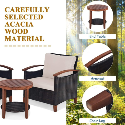 Juego De Muebles De Patio 3 Piezas Ratán Mesa Y Cojines Beige