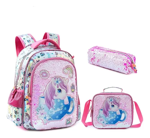 Mochilas para niñas, mochila de unicornio para niñas, juego de mochila  escolar de unicornio con lonchera y estuche para lápices, Unicornio Rosa