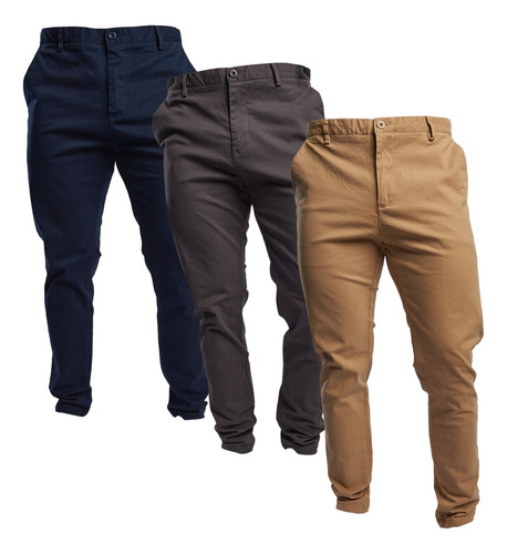 Pack 3 Pantalones Para Hombre Gabardina Corte Slim Stretch 