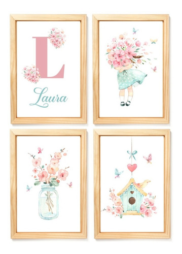 Kit 4 Quadros Decorativos Menina Em Aquarela Flores Moldura