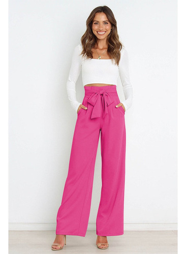 T Pantalón Mujer Elegante Wide Leg Tiro Alto Con Cinturón