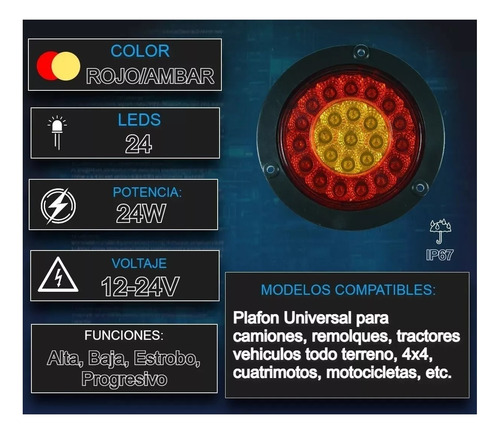 Kit 6 Plafones Redondo P/ Camión 24 Led S Bi Color R/ambar