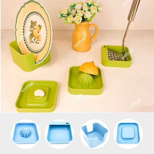 Imagen 1 de 8 de Kit De Cocina Box 4 En 1 Rallador Exprimidor Posa Plato Deco