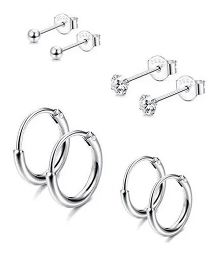 Kit Com 4 Pares De Brincos Cartilagem Piercing Terceiro, Quarto Furo Prata 925