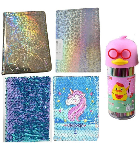 Pack Set  4 Agendas Brillantes + 36 Lápices Con Estuche Pato