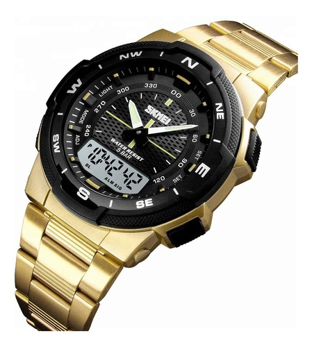 Reloj pulsera Skmei 1370 con correa de acero inoxidable color dorado - fondo negro/gris - bisel negro