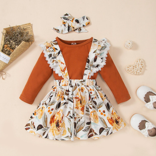 3pcs Conjunto Bebé Con Blusa Diadema Y Falda De Tirantes Naranja Oscuro 6-9 M