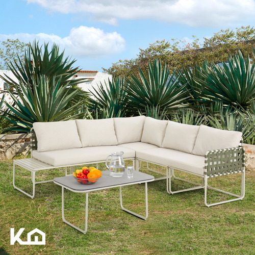 Juego De Sala L sunset Ratán Sofá Seccional Para Exterior Jardín Color Verde Con cojines Y Mesa De Centro 5 piezas Mueble De Patio Terraza Balcón Kingshouse