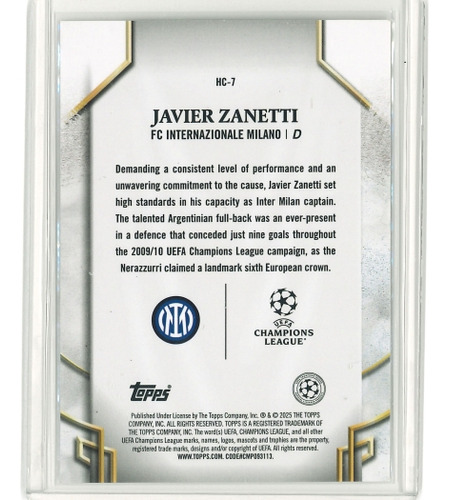 Javier Zanetti Carta Topps Ucl Historic Captains Inter Milan Javier Zanetti Topps Ucl Historic Captains (Usado)