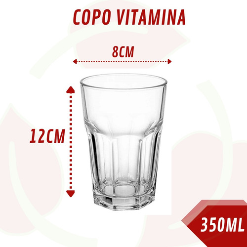 Conjunto 12 Copos Alto Vitamina 350ml Vidro Luxo Resistente