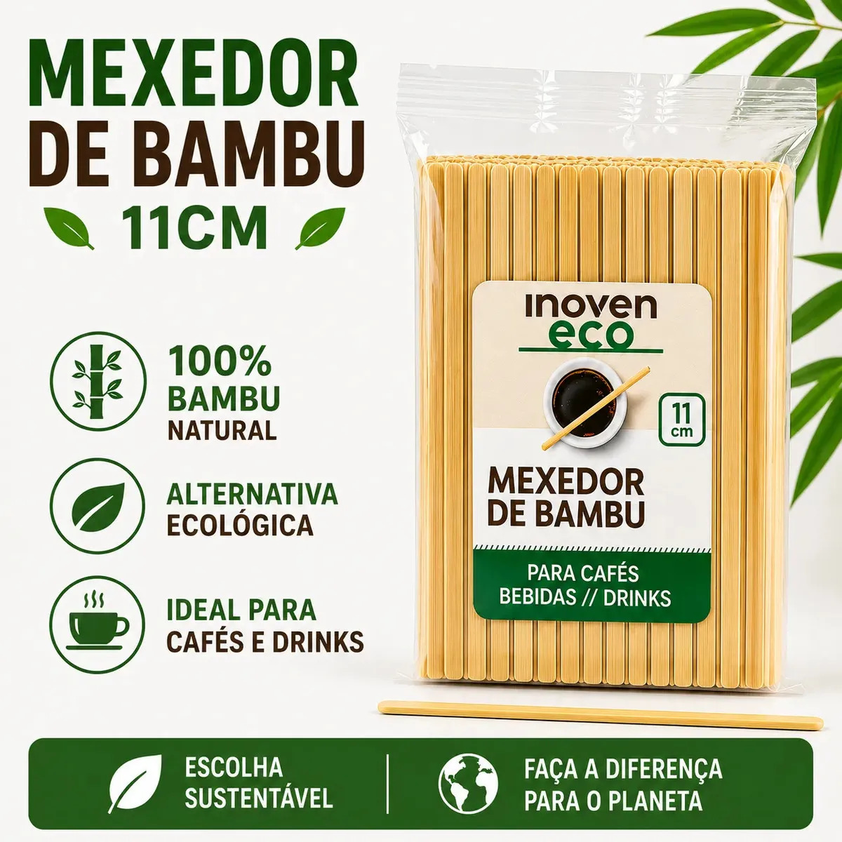 Mexedor de Café Bambu Ecológico 11cm 1000 Unidades Inoven