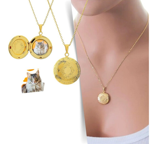 Imagem 1 de 5 de Colar Relicário Redondo Com Foto - Dourado