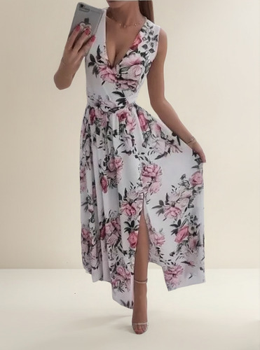 Vestido Maxi Estampado Floral Con Cuello En V Y Cinturón