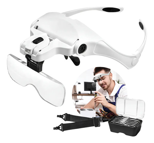Óculos Profissional Lupa De Cabeça Aumento Led Luz Eletrônica Com 5 Lentes Esteticista Branco