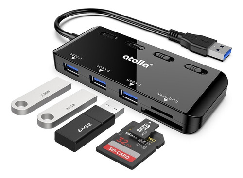 Atolla Hub 5 En 1 Usb 3.0, 3 Puertos Usb 3.0 De 5 Gbps + Lector De Tarjetas Sd/ Micro Sd/ Tf Con Interruptor Independiente & Indicador Led