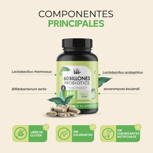 Imagen 4 de 6 de Probioticos 60 Billones Con 4 Cepas Y 240 Capsulas Life360+