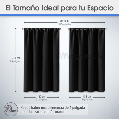 Cortinas Blackout Magma Life 2 Piezas 132 x 213 cm Elegantes Con Aislamiento Térmico Y Acústico Protección Solar Para Sala O Dormitorio Lavables Con Ojales Metálicos Color Negro